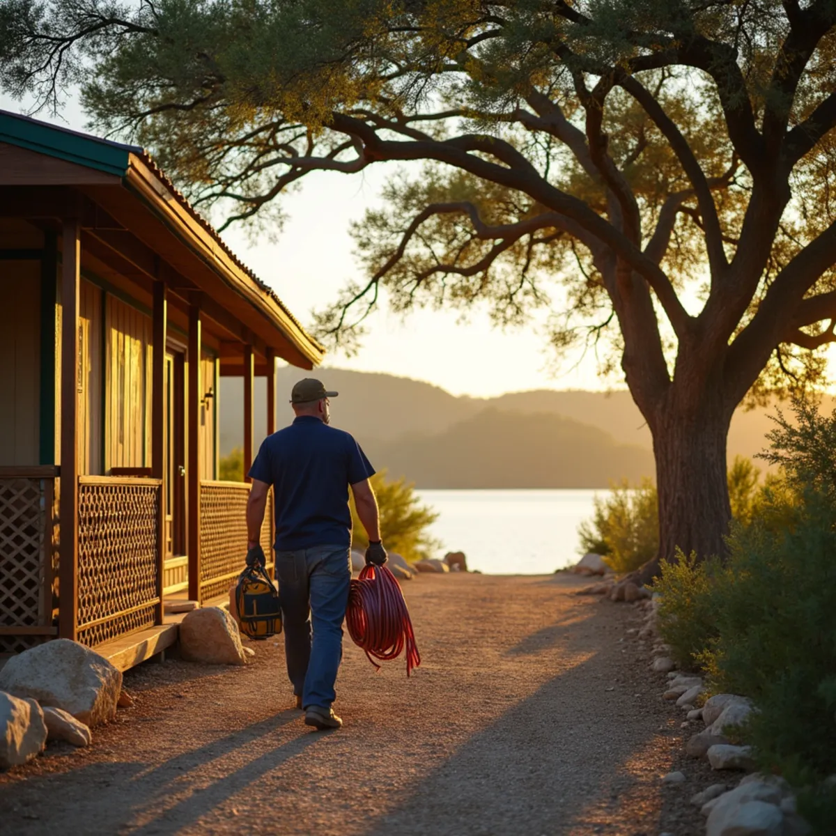 Plumber carrying tools to a raised lake cabin among live oaks near Medina Lake in Lakehills, TX