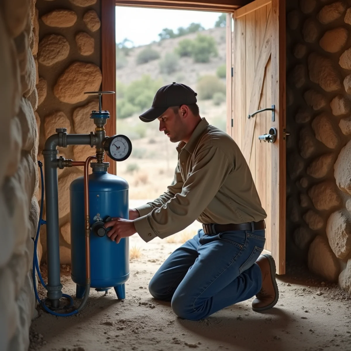 Plumber checking a well pressure tank and pressure switch in a stone well house on a Bandera County, TX ranch