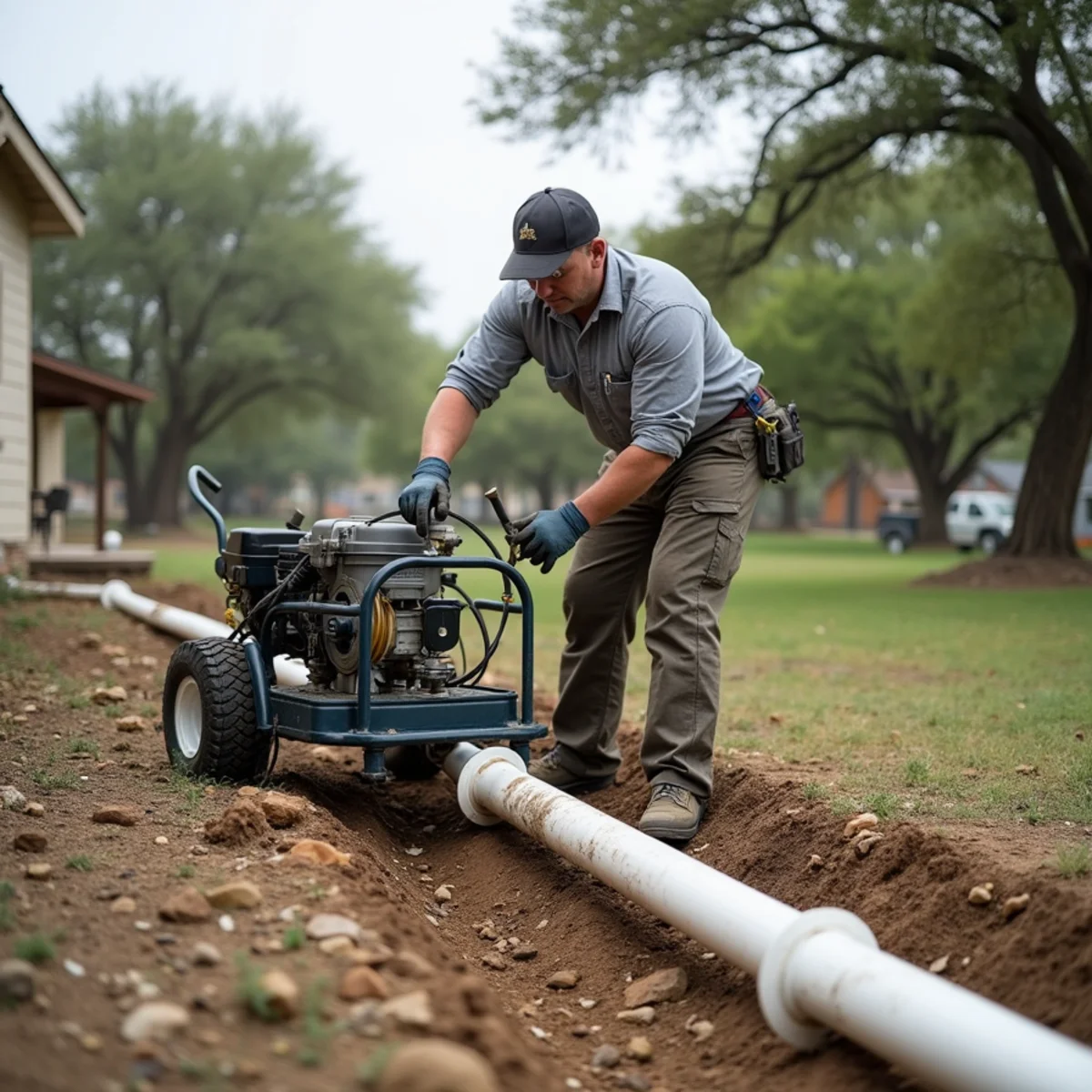 Plumber feeding a drain cable into a septic line cleanout beside a Hill Country home near Lakehills, TX